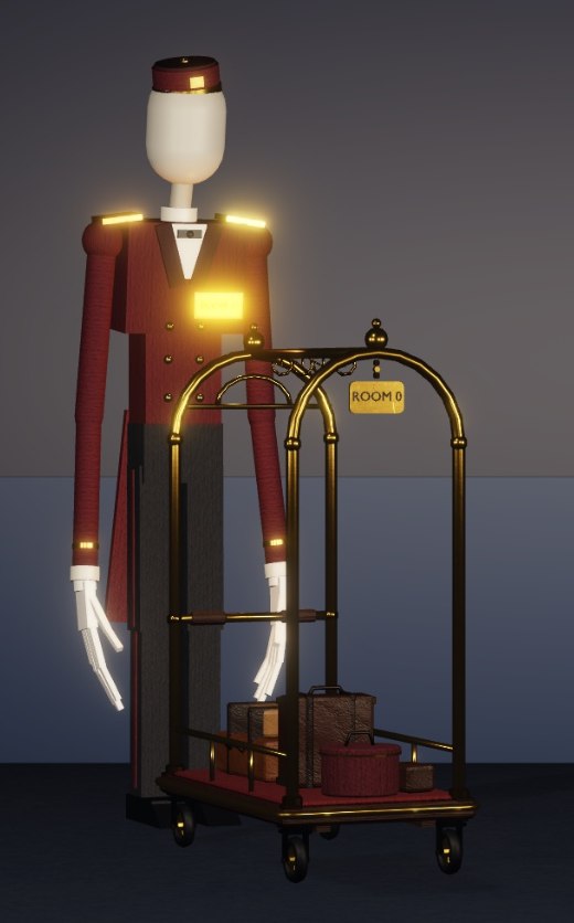 The Night Porter: a tall faceless bellhop in a red uniform pushing a luggage cart.